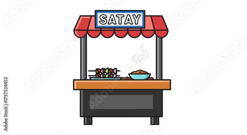 Cartoon Illustration of a Satay Food Cart with Signage.