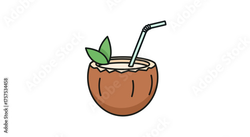 Cartoon Coconut Drink with Straw and Green Leaves.