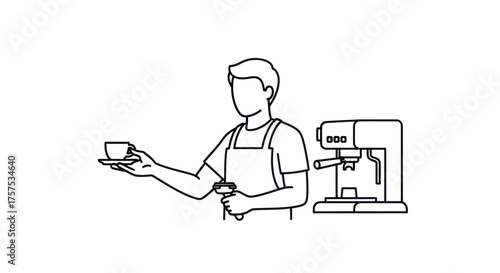Barista Serving Coffee with Espresso Machine Line Art Illustration.
