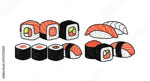 Assorted Sushi Rolls and Nigiri Pieces with Salmon and Other Fillings.