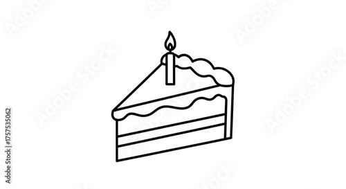 Simple Line Art Slice of Birthday Cake with Candle.