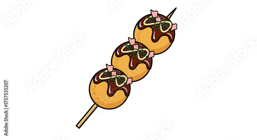 Three Delicious Takoyaki Balls on a Skewer with Toppings.