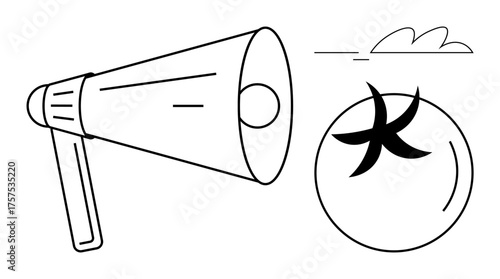Black-and-white megaphone projecting to a tomato with minimal lines and abstract elements. Ideal for communication, marketing, creativity, announcements, innovation, bold ideas, and conceptual art. A
