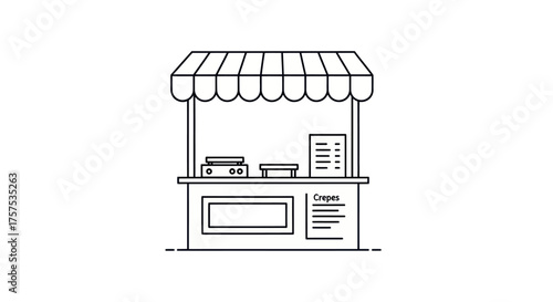 Line Art Illustration of a Market Stall with Striped Awning.