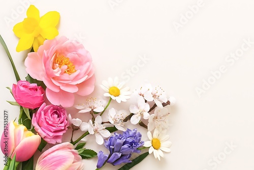 A colorful arrangement of spring flowers including roses, tulips, daffodils, daisies, and hyacinths on a white background.