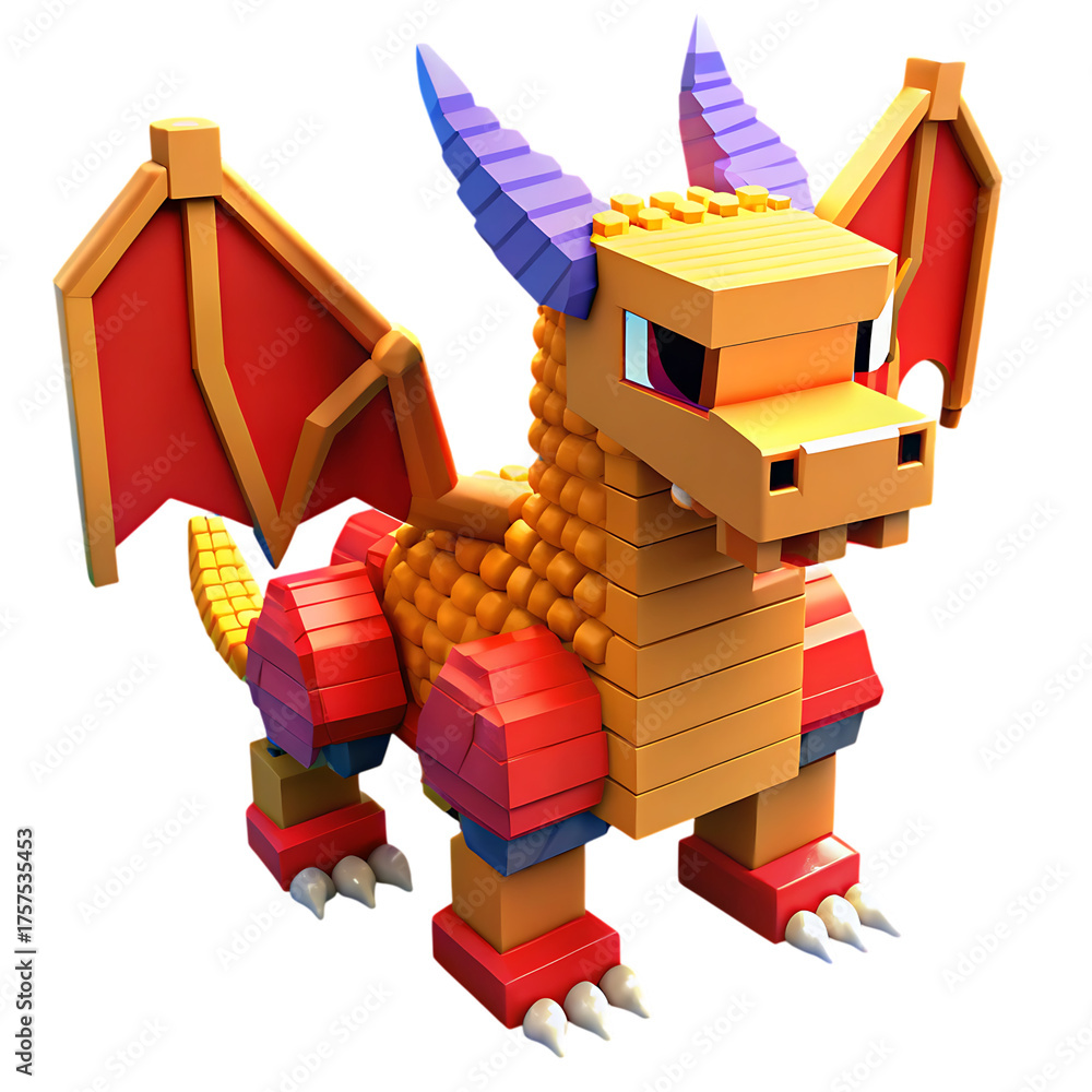 Fototapeta premium Voxel Adorable plastic building bricks-style dragon toy model fiery colors fantastic creature