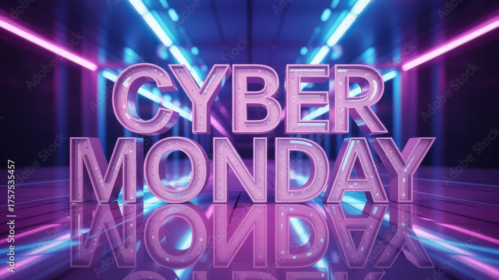 Obraz premium Cyber monday sale promotion with neon lights and reflective background
