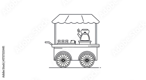 Line art illustration of a traditional street food cart with a kettle and snacks.