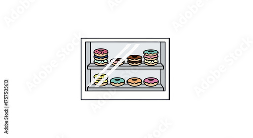Display Case with Colorful Donuts on Shelves.