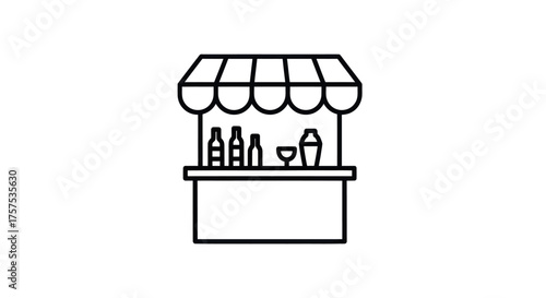 Market Stall Icon with Awning and Bottles Line Art.