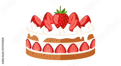 Delicious Strawberry Shortcake with Fresh Cream and Berries Illustration.
