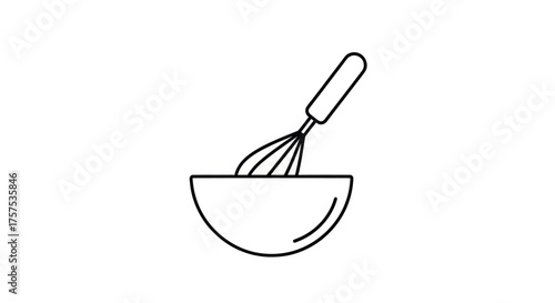 Whisk in Bowl Outline Icon for Cooking and Baking.