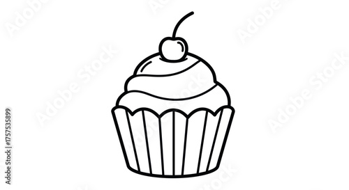 Simple black and white line drawing of a cupcake with frosting and cherry.