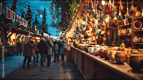 Decorative mugs on display at festive Christmas market with bokeh lights and blurred people in background, video footage.