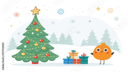 Cute Orange Bird With Christmas Tree and Gifts snowman