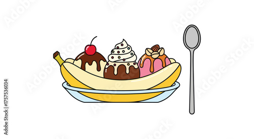 Delicious Banana Split Ice Cream Sundae with Cherry and Spoon.