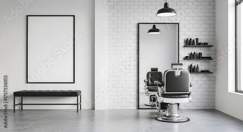 Minimalist Barbershop Interior with Classic Barber Chair, White Brick Wall, and Blank Frame Mockup