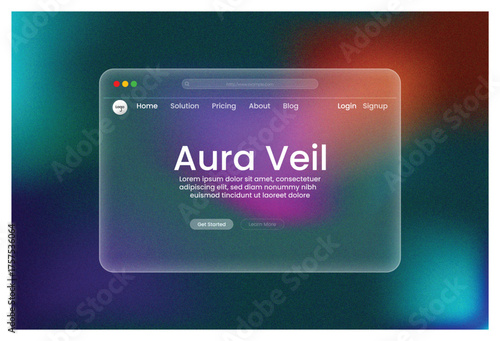     Web Page, Aura Veil UI Landing Page Purple Green Gradient, Glass Morphism Window Template Futuristic Design  