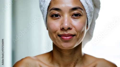 30 year old Asian woman in bathroom with a towel on her head. Skin care concept. Relaxed skin care moment as a woman with a towel on her head refreshes her complexion.