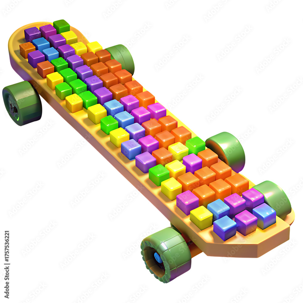 Fototapeta premium Voxel Colorful brick skateboard unique playful toy design with vibrant rainbow cubes artistic creative
