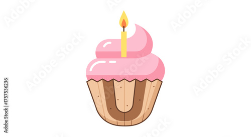 Cartoon Pink Frosted Cupcake with Lit Candle and U-shaped Liner Design.
