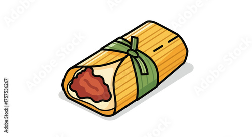 Traditional Mexican Tamale Illustration Wrapped in Corn Husk.