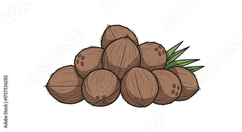 Pile of Brown Coconuts with Green Leaves Tropical Fruit Still Life.