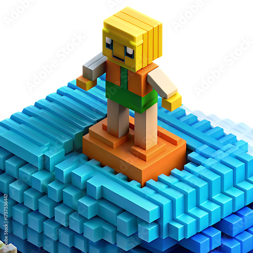 Voxel Pixelated surfer character riding blue blocky waves in a 3d rendered style