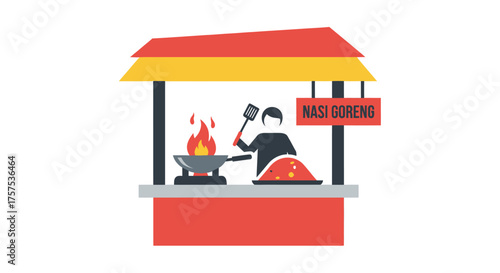 Vector Illustration of a Street Food Stall Cooking Nasi Goreng.