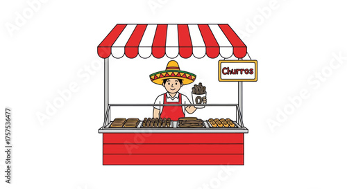 Cartoon Churro Vendor Standing Behind Red and White Stall.