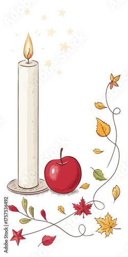 Lit Candle with Apple and Autumn Leaves on White Background