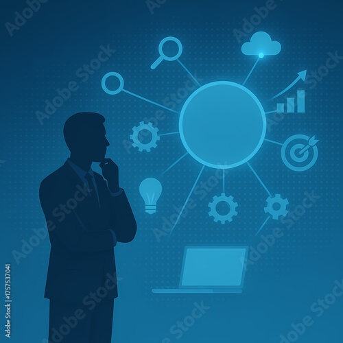 A businessman touching holographic strategy icons and digital graphs in a cinematic composition.
