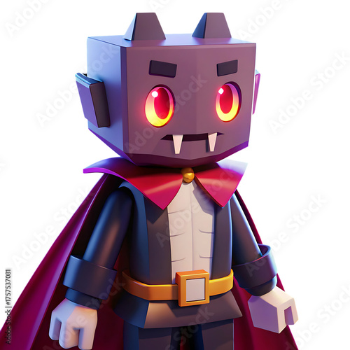 Voxel Charming 3d vampire character with glowing red eyes and red cape