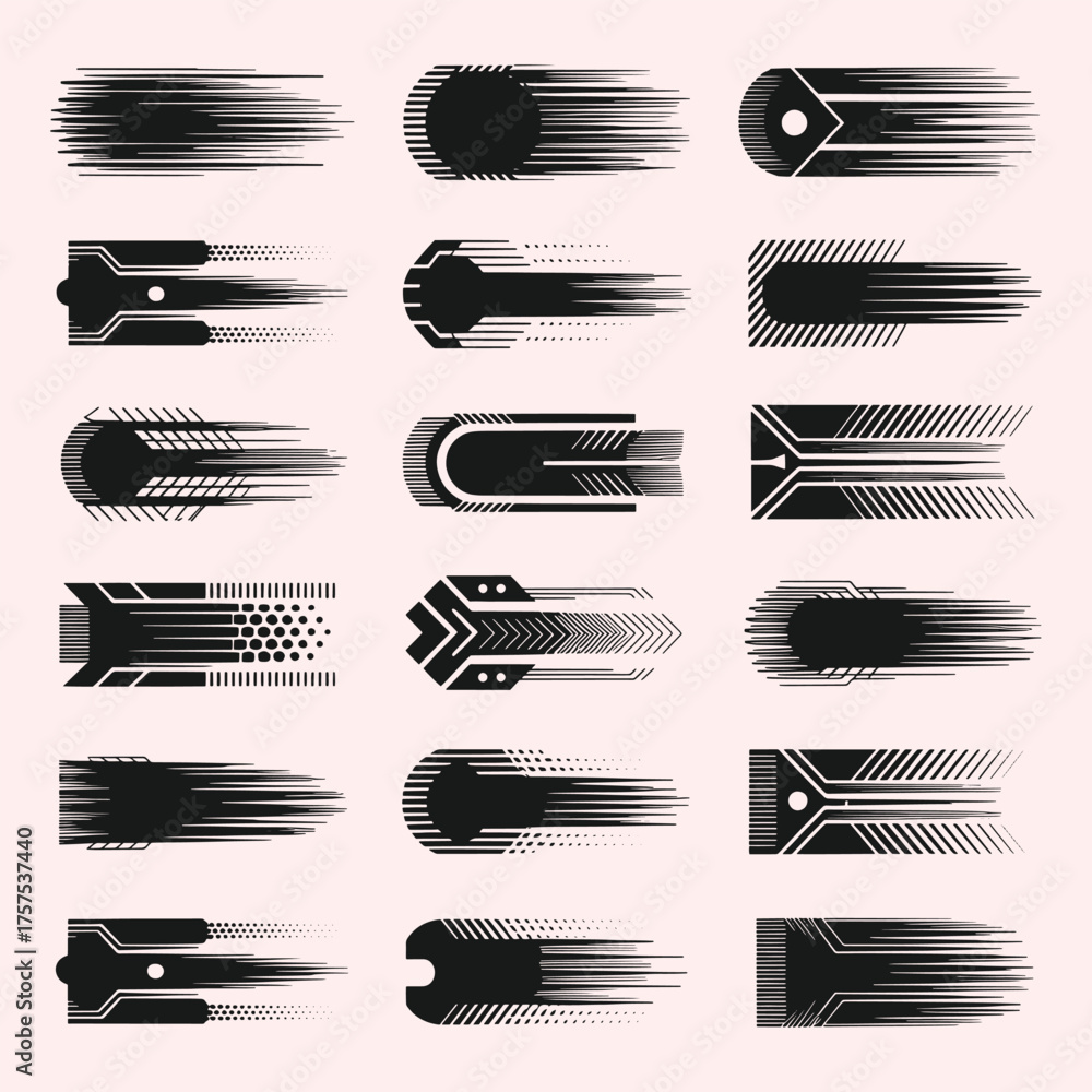 Collection of black abstract speed lines and geometric shapes on a light pink background vector