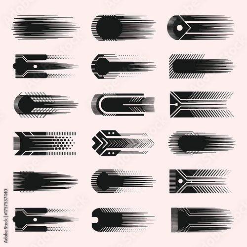 Collection of black abstract speed lines and geometric shapes on a light pink background vector