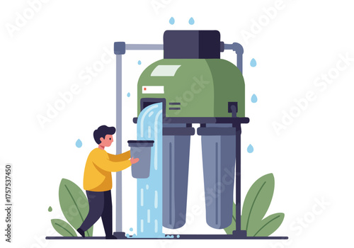 A cheerful young man collects filtered water from a rainwater harvesting system.  Illustrative style, clean design, promoting sustainability and water conservation.