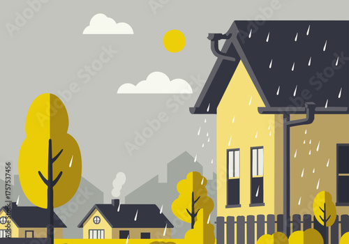 A charming house under a rainy sky. A yellow facade contrasts with the grey clouds and falling rain. A peaceful, autumnal scene. Perfect for weather-related themes.