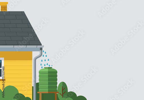 cheerful illustration depicts rainwater flowing from a house roof into a green water tank Clean modern design with a bright inviting aesthetic Perfect for sustainability and eco-friendly themes