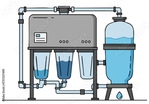 A clean, modern illustration depicts a rain filter system. Blue pipes and filters showcase water purification. Simple, flat design for commercial use.