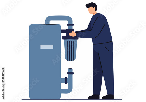 A man inspects a water filter, demonstrating maintenance. Clean, modern illustration. Ideal for health, water, and utility themes.