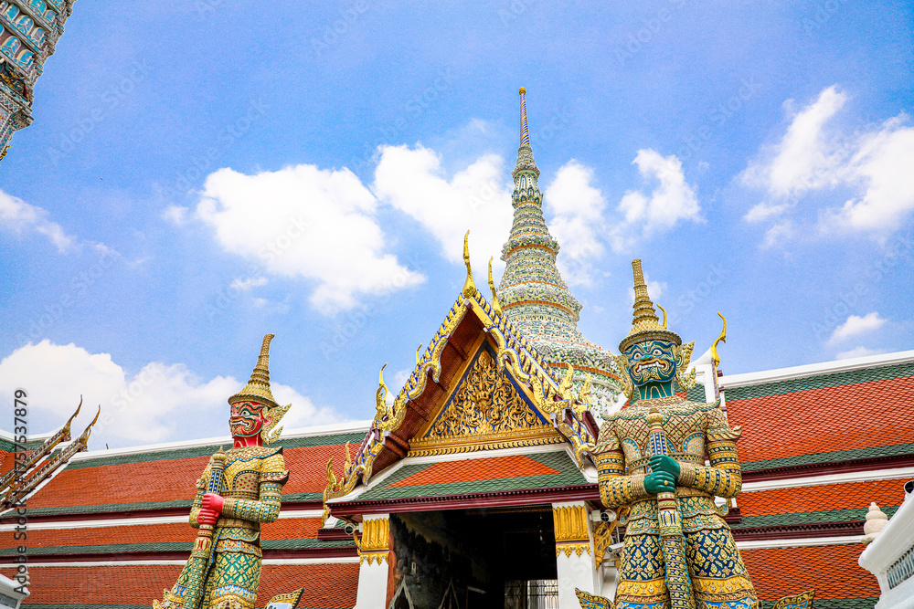 Fototapeta premium Wat Phra Kaew or Wat Phra Sri Rattana Satsadaram is temple used for various royal ceremonies during reign of King Rama I. It is temple within the Grand Palace. Inside temple is the Emerald Buddha.