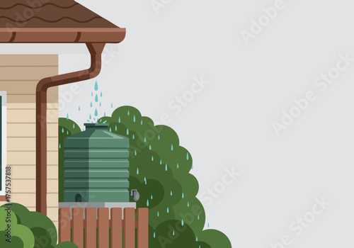 A modern home features a rainwater tank collecting water during a rainstorm. The scene showcases sustainable home technology and outdoor landscaping. Clean, bright, and inviting.