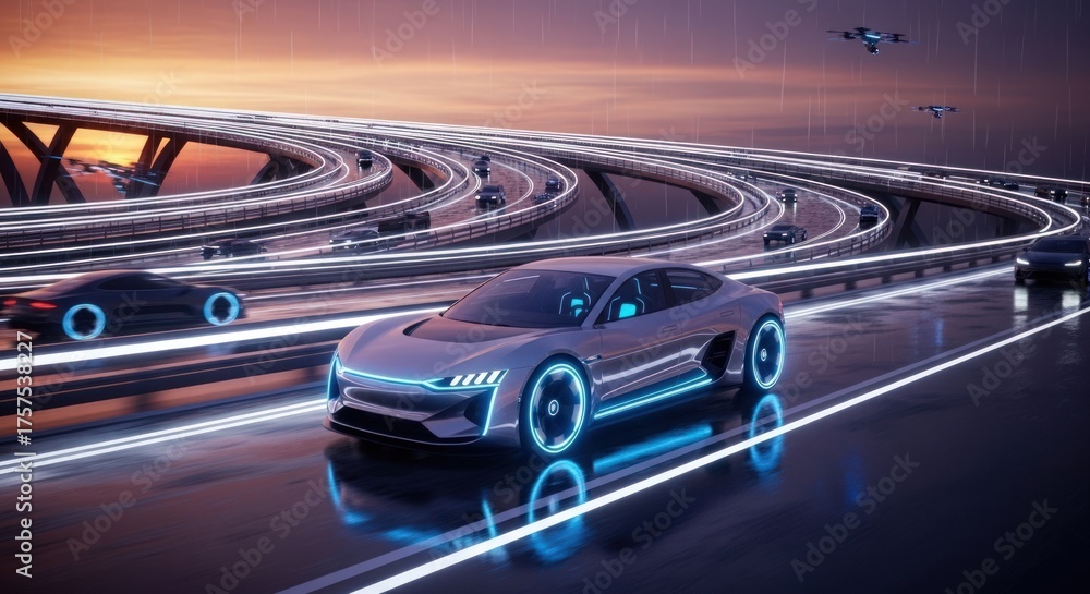Obraz premium Futuristic electric cars driving on a multi-level highway at sunset with light trails.