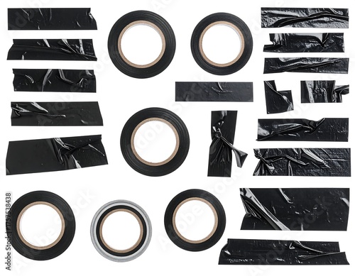 Assortment of adhesive tapes in rolls and torn strips against white