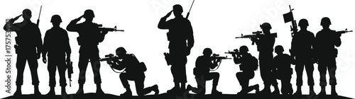 Military silhouettes, soldier poses, armed forces illustration, black and white contrast, patriotic theme, rifle stance, saluting troops, flag bearer