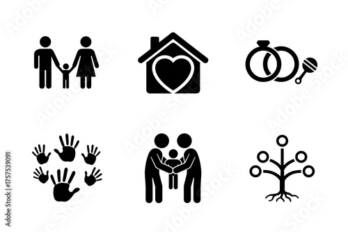 Family and community solid icons set – home, people, relationship symbols