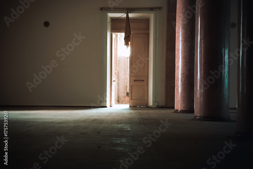  A beautiful hall in a huge abandoned palace. The interiors of an abandoned 18th-century palace. Beautiful architecture. 