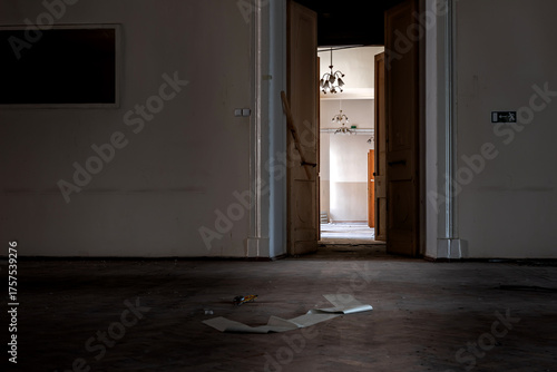  A beautiful hall in a huge abandoned palace. The interiors of an abandoned 18th-century palace. Beautiful architecture. 