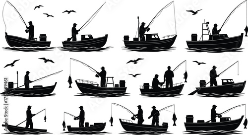 Fishing boat silhouettes, people fishing, water scene, birds flying, fishing gear, maritime activity, black illustration, commercial fishing, recreation, outdoor lifestyle
