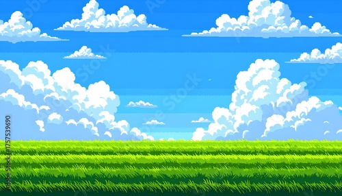 Vibrant pixel art landscape featuring lush green grass under a bright blue sky with fluffy clouds